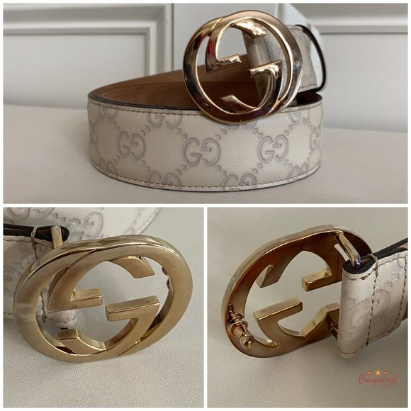 Authentic Gucci Cream Guccissima Leather Gold Interlocking G Buckle Belt 80/32 - Picture 2 of 13